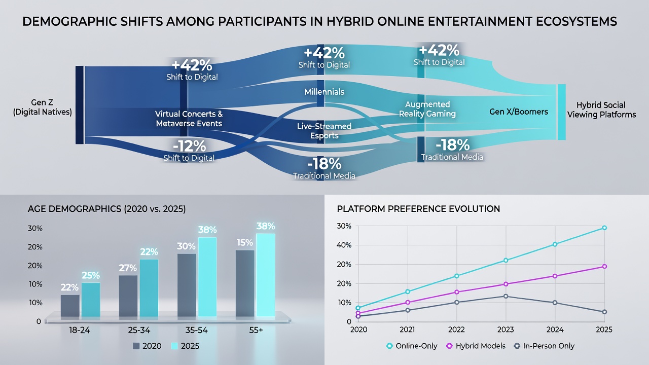 Infographic style image illustrating demographic data trends in online hybrid entertainment from 2023 to 2026